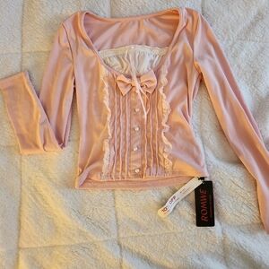 ROMWE Kawaii Women Himekaji Cute Bow Decorated 2 In 1 Long Sleeve T-Shirt